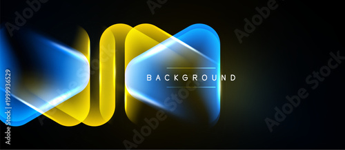 Abstract neon lines create dynamic shapes over black background. Bright blue, yellow hues dominate composition. Modern design element.