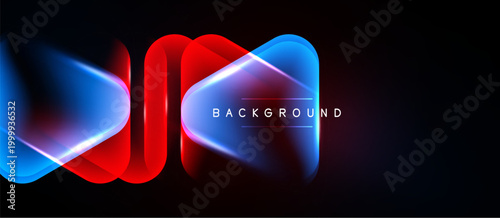 Abstract neon shapes overlap, creating vibrant blue, red glow. Dark background emphasizes luminosity, modern design element.