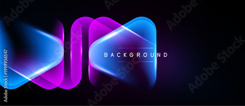 Abstract neon lines create dynamic shapes over black background. Bright blue, purple hues dominate composition. Modern design element.