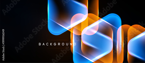 Abstract neon lines overlap, creating dynamic shapes. Bright blue, orange hues contrast dark background. Modern design element.