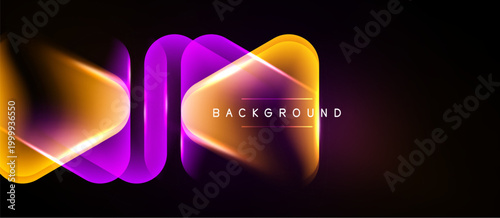 Abstract neon shapes overlap, creating vibrant glow. Dark background emphasizes bright orange, purple hues. Modern design element.