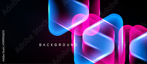 Abstract neon shapes overlap dark background. Vibrant blue, pink hues create dynamic visual effect. Modern design element.