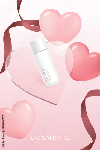 Cosmetic product ads template on pink background with heart shape plate and ribbon.