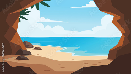 Secret Cave Bali Beach Flat Design Illustration