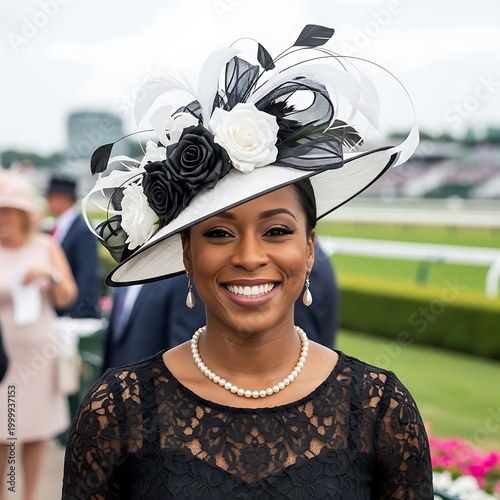 Elegant woman wearing a wide-brimmed floral hat and pearl jewelry smiles outdoors