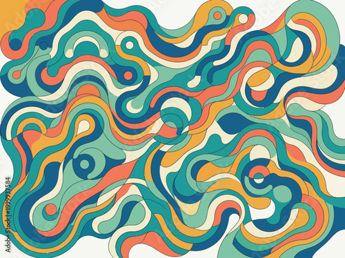 Retro Abstract Background with Fluid Wavy Lines and Organic Shapes, Colorful Groovy 70s Style Pattern for Modern Web Design and Print Media