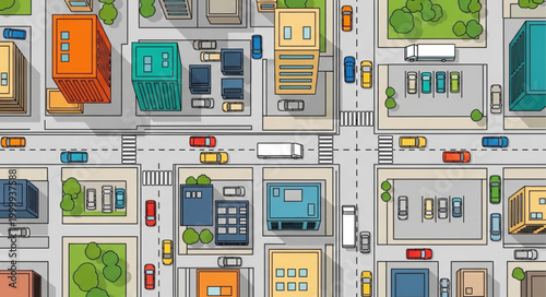 Aerial View of a Busy City Street with Buildings and Traffic.