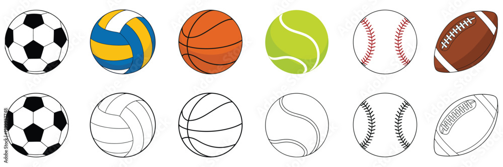 Naklejka premium Football soccer ball icon set, volleyball basketball tennis baseball sports balls collection vector illustration, athletic game equipment symbol design, clean minimal flat style for sports branding