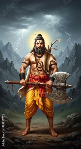 Powerful warrior saint figure stands defiantly against a stormy, mountainous backdrop holding a large axe