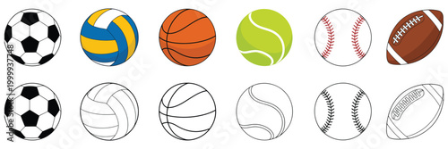 Football soccer ball icon set, volleyball basketball tennis baseball sports balls collection vector illustration, athletic game equipment symbol design, clean minimal flat style for sports branding