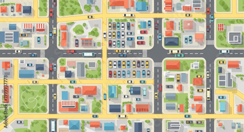Aerial View of a Bustling City Street Map with Buildings and Cars.
