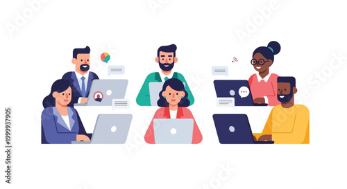 A diverse group of professional men and women work collaboratively on their laptops, representing a modern and connected office environment.