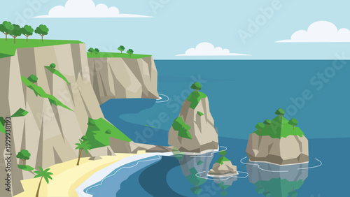 Island Escape Cliff Lagoon Bali Beach Flat Design Illustration