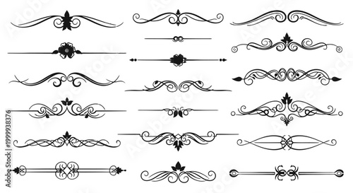 Collection of Ornate Decorative Text Dividers and Separators with Scrollwork Design, Isolated White Background