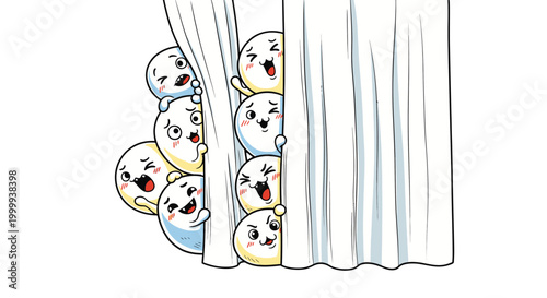 Cute Happy Cartoon Faces Peeking Out from Behind a Blue Curtain, Isolated White Background