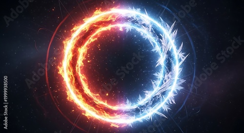 Glowing circular form visually represents a dynamic opposition of intense heat and extreme cold