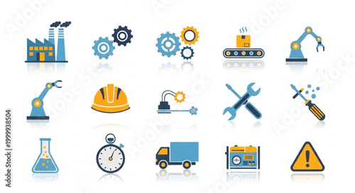 Industrial icons set with factory gears and robots.