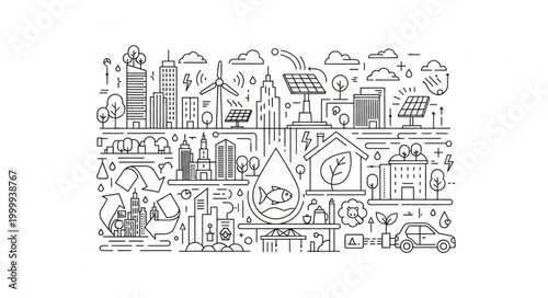 Eco friendly city illustration with renewable energy sources.
