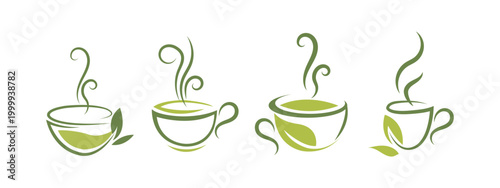A vibrant set of four stylized green tea cups, steaming with fresh herbal infusions and natural leaf elements, perfect for health and wellness branding.
