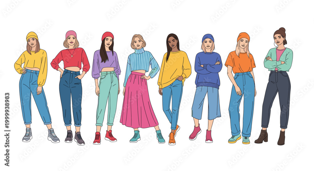 Obraz premium Group of women in stylish casual outfits standing together. Diverse female models posing. Fashion trend and girl power concept. Vector illustration