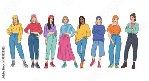 Group of women in stylish casual outfits standing together. Diverse female models posing. Fashion trend and girl power concept. Vector illustration