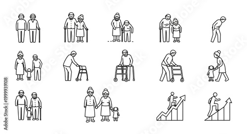 Elderly Assistance Line Art Icons Depicting Senior Care and Support