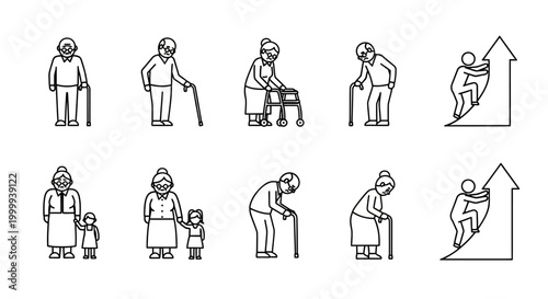 Elderly People Illustration Showing Aging Process and Retirement Lifestyle