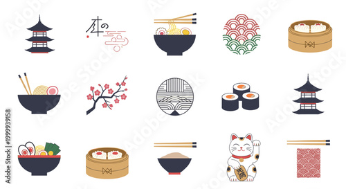 Japanese culture and food icon set with pagoda, ramen bowls, dim sum, sushi, and maneki neko. Vector illustration for Asia.