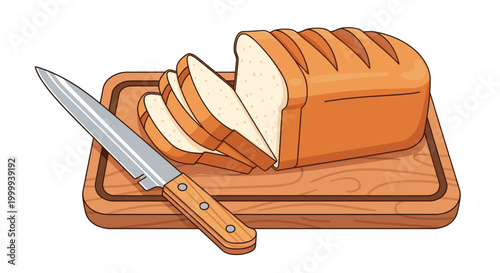 Loaf of white bread and slices on a wooden cutting board with a knife. Food preparation and baking concept. Vector illustration for kitchen or bakery design