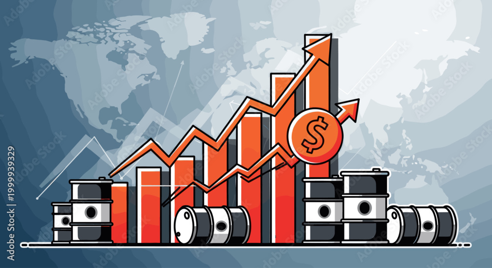 Naklejka premium Oil barrel and upward chart showing rising crude oil prices. Crisis and economic growth concept. Financial market illustration for banner