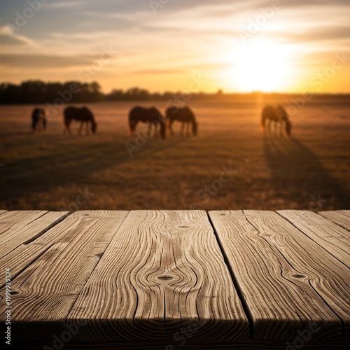 Rustic wooden surface stands in the foreground overlooking a field with grazing equines at sunset
