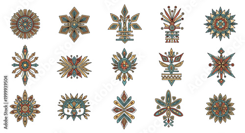 Set of diverse tribal symbols with intricate details. Ethnic motifs for decoration, ornament. Abstract vector illustration art