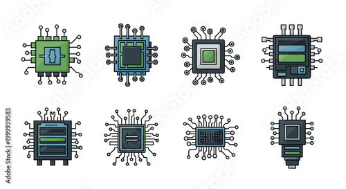 Set of various microchip, integrated circuit, and processor flat icon. Technology development and computer hardware concept. Vector illustration for design, web