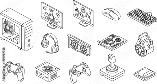 Tableau sur toile Technology Gaming Computer Hardware Isometric Line Art Icons Set