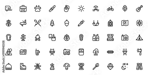Camping icon pack. Adventure vector set. Minimalist outdoor icons. Includes caravan, tent, backpack, compass, bonfire, map, lantern, mountain and more. Editable stroke.
