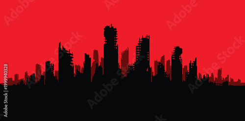 Apocalyptic ruined city skyline silhouette, dystopian urban destruction landscape, disaster background vector illustration scene red horizon