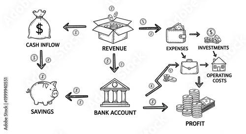 Financial workflow diagram, business finance illustration, cash flow management, accounting process vector