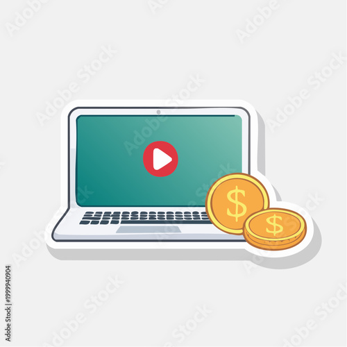 Laptop with Play Button and Coins