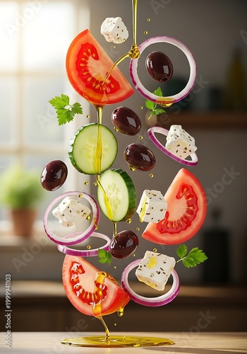 Slices of fresh vegetables, cheese curds, and olives cascade downward with olive oil pouring over them
