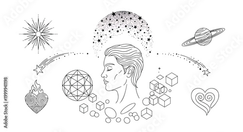 Astrology, mystical, cosmic icons, vector set, spiritual symbols