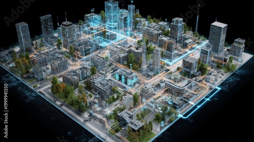A futuristic cityscape with modern skyscrapers, green spaces, and illuminated pathways. The scene showcases advanced urban planning and technology integration.