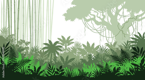 Lush tropical jungle forest background with bamboo trees vines foliage rainforest landscape nature vector illustration scene exotic