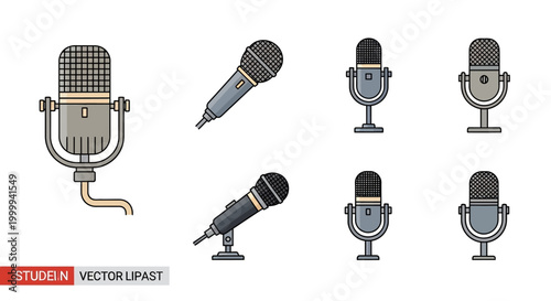 Vintage and Modern Microphones Collection, Retro and Contemporary Audio Equipment