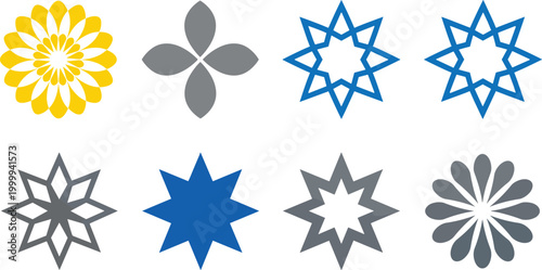 Quadro su tela Geometric star and flower icon set featuring yellow sunflower blue octagram grey