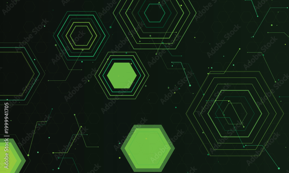 Obraz premium Abstract green hexagonal network pattern with digital connections background technology