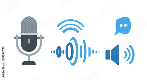 Voice assistant technology icons: microphone, sound wave, speaker, chat bubble