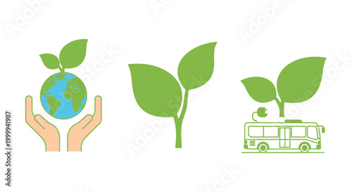 Eco friendly icons, green transportation, sustainable living symbols, environmental logos