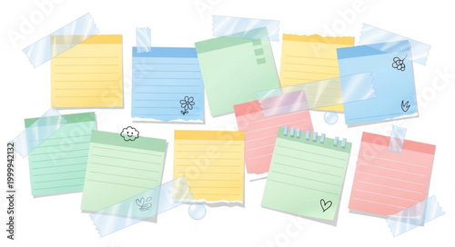 Colorful sticky notes attached with tape on a white background.
