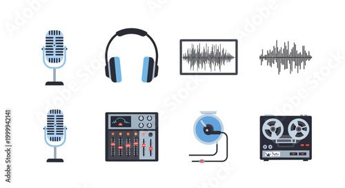 Audio Recording Equipment Icons: Microphone, Headphones, Mixer, Sound Wave