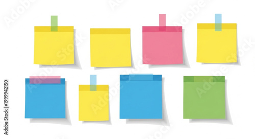 Colorful sticky notes attached with tape on a white background.
